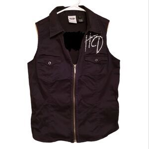 Harley Davidson Womens Black Zipper Top Vest Sleeveless Shirt Size L Bedazzled